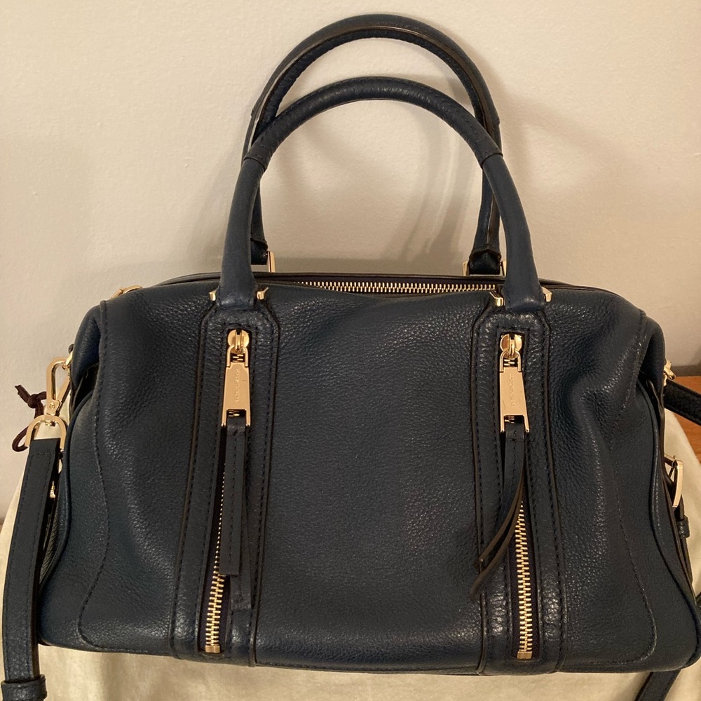Michael Kors satchel, navy, like new. 13 inch x 9 x 5  pockets Keychain.Dust bag